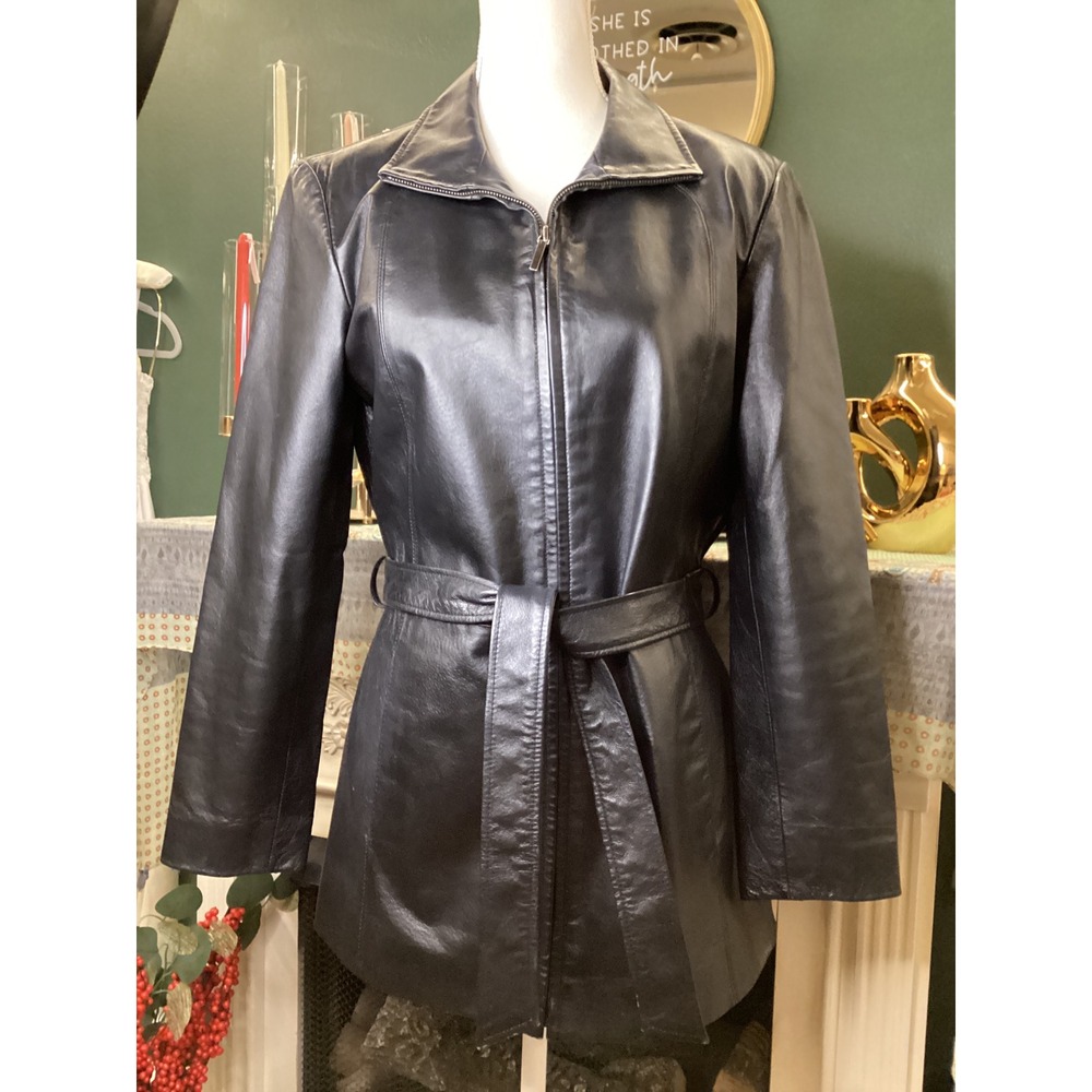 Worthington Black Genuine Leather Jacket Belted Zip Front Coat Womens Medium